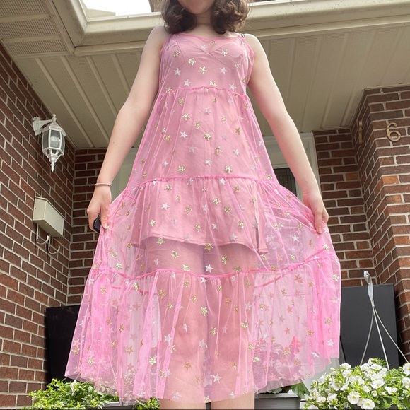 SOLD Sparkly pink mesh star maxi dress - Picture 6 of 9